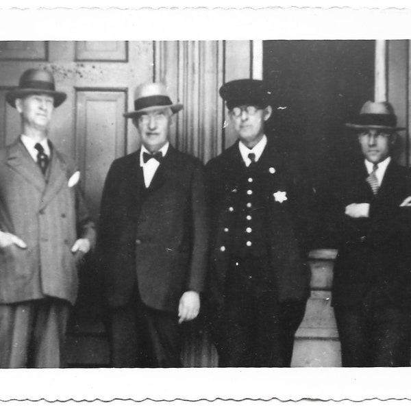 Important Business Vintage Photo Serious Men Wearing Business Suits & Hats Pose With Train Or Bus Conductor 1940’s Snapshot