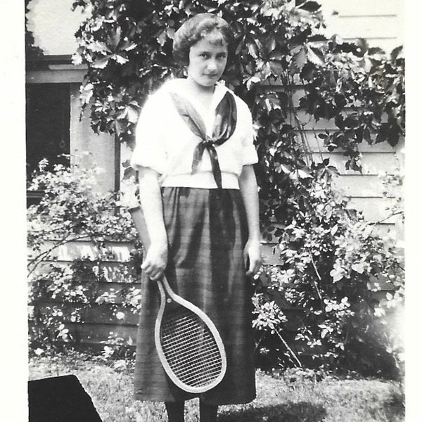 Antique Photo Tennis Outfit Sailor Blouse Full Skirt 1910’s Fashion Hair Tennis Racquet