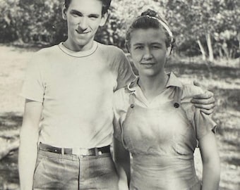 Vintage Photo Teen Girl Wearing Overalls Goofy Teen Boyfriend