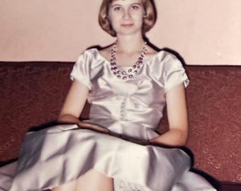 Vintage Kodacolor Photo Young Woman Pink Satin Dress Vintage Necklace