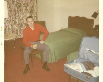 Road Trip Vacation Vintage Color Snapshot Young Man Poses In Hotel Room Twin Beds Suitcase Luggage 1960’s Photo Travel Honeymoon