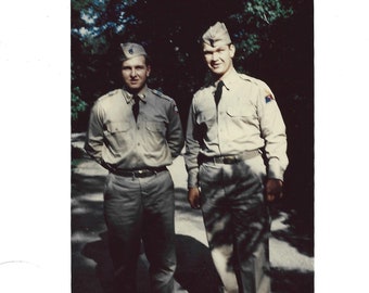 Two Military Men Ansco Color Photograph Handsome Army Soldiers Khaki Uniforms Dappled Shade