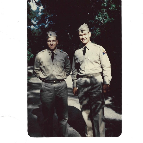 Two Military Men Ansco Color Photograph Handsome Army Soldiers Khaki Uniforms Dappled Shade