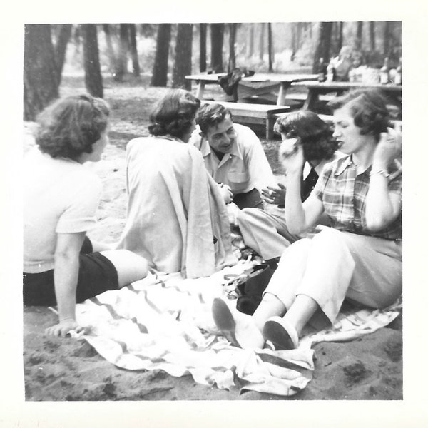 Hissy Fit Vintage Photo Young Woman On Picnic Blanket Ants? Mosquito? Being Ignored? Funny Black & White Snapshot 1950’s Fashion