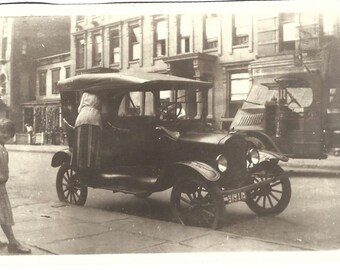 Antique Car Photo Woman Standing On The Running Board Of Vintage Automobile Little Girl On The Street Original Sepia Photograph