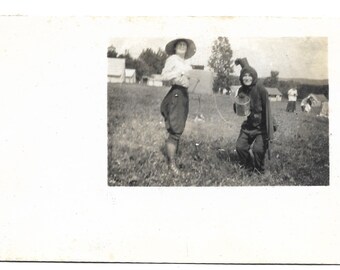 Teen Girls At Summer Camp Vintage Real Photo Post Card Bunny Rabbit Costume Jodhpurs Pup Tent Handwriting On The Reverse