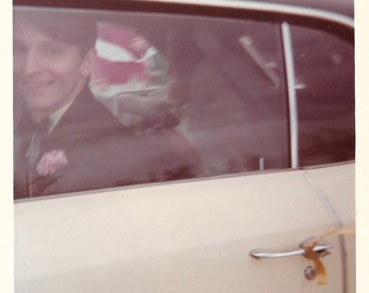 Vintage Wedding Photo: Happy Couple, Best Man Driving