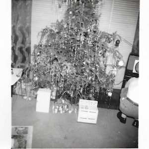 Kitchen Toys Under The Tree Christmas Black & White Photo Man Adjusts Radio Or Television 1950’s Snapshot Toy Refrigerator And Stove