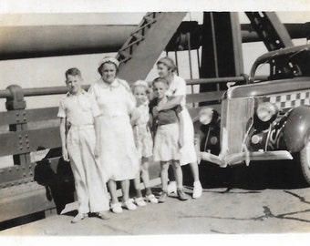 Taxi Drops Family Off On Bridge Vintage Photo Mother & Children Classic Antique Car Checker Cab 1940’s Snapshot