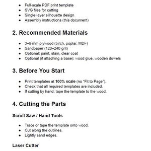May include: A digital document containing instructions for a woodworking project. It lists included items like a full-scale PDF template and SVG files, recommended materials such as 3-8 mm plywood, and steps for cutting parts using a scroll saw or laser cutter.