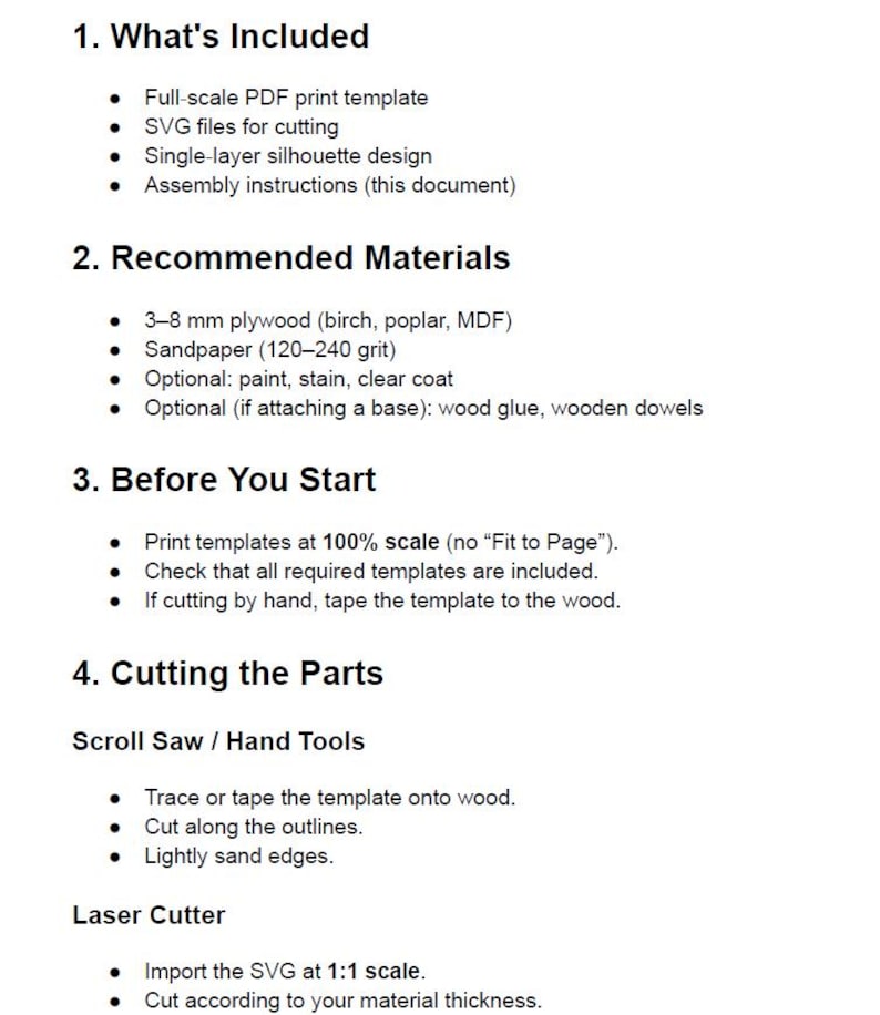 May include: A digital document containing instructions for a woodworking project. It lists included items like a full-scale PDF template and SVG files, recommended materials such as 3-8 mm plywood, and steps for cutting parts using a scroll saw or laser cutter.