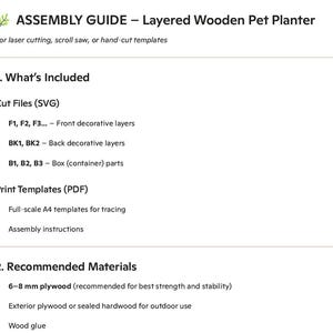 May include: Assembly guide for a layered wooden pet planter. The guide includes cut files in SVG format for front and back decorative layers, and box parts. Print templates in PDF format are also included, along with assembly instructions. Recommended materials are listed.