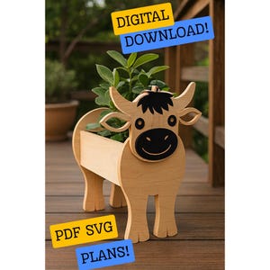 May include: Wooden cow-shaped planter with a rectangular trough for plants. The cow has a black face, horns, and a smiling mouth. The planter is on a wooden deck. Text on the image says "DIGITAL DOWNLOAD!" and "PDF SVG PLANS!"