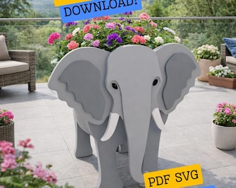 May include: A gray elephant-shaped planter filled with colorful flowers. The planter has large ears, tusks, and a trunk. The text "DIGITAL DOWNLOAD!" and "PDF SVG PLANS!" are on the image.