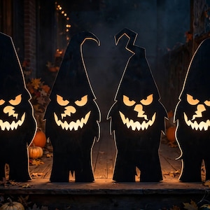 Trämall för Halloween-tomtar • Rullsågsmönster • Laserskärningsfiler • CNC-fräs • SVG DXF PDF