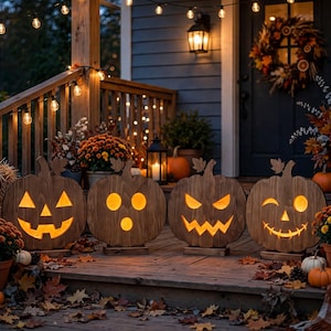 Może przedstawiać: Cztery drewniane wycinanki w kształcie dyni z wyrzeźbionymi twarzami jack-o'-lantern są ustawione na werandzie. Każda dynia ma inny wyraz twarzy i jest podświetlona od wewnątrz, rzucając ciepły blask na ciemne słoje drewna dekoracji.