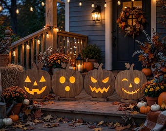 May include: Four wooden pumpkin cutouts with carved jack-o'-lantern faces are arranged on a porch. Each pumpkin features a different expression and is illuminated from within, casting a warm glow against the dark wood grain of the decorations.