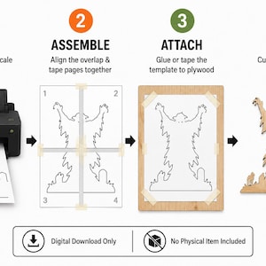 May include: A four-step instructional graphic for a woodworking project. Step 1: Print at 100% scale. Step 2: Assemble by aligning and taping pages. Step 3: Attach the template to plywood. Step 4: Cut along the outline. Includes a digital download notice.