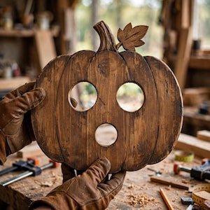 May include: A dark brown wooden pumpkin cutout featuring a carved stem and a single leaf at the top. The pumpkin has three circular cutouts arranged in a triangular pattern, resembling a face, with visible wood grain and a rustic finish.