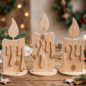 May include: Three light-colored wooden candle decorations standing on circular bases. Each piece features a flat, rectangular body with carved, dripping wax details and a separate flame-shaped topper attached to the top center.