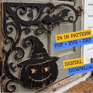 May include: A black decorative corner bracket featuring a carved pumpkin wearing a witch hat and a flying bat. The design includes text that reads 24 IN PATTERN PDF SVG DXF and DIGITAL DOWNLOAD. The wood has a distressed finish with visible wear.