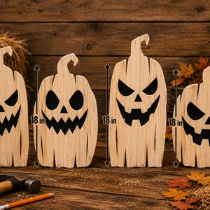 Puede incluir: Cuatro recortes de calabaza de madera de color claro con caras de jack-o'-lantern talladas, cada uno con recortes negros para ojos, narices y bocas dentadas. Cada calabaza de madera tiene una etiqueta con una altura de 45,72 cm.