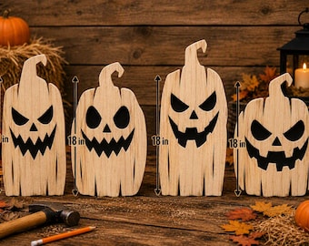 May include: Four light-colored wooden pumpkin cutouts with carved jack-o'-lantern faces, each featuring black cutouts for eyes, noses, and jagged mouths. Each wooden pumpkin is labeled with a height measurement of 18 inches.