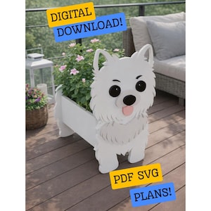 May include: A white, dog-shaped planter filled with pink flowers. The planter has a rectangular trough for plants and is made of wood. The image includes the text "DIGITAL DOWNLOAD!" and "PDF SVG PLANS!"