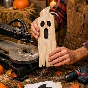 May include: A light-colored wooden cutout in the shape of a ghost with two oval eye holes and one larger oval mouth hole. The ghost figure has a curved top and a flat bottom edge, showing natural wood grain texture throughout the surface.
