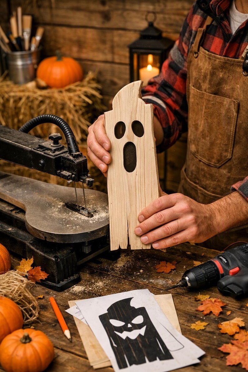 May include: A light-colored wooden cutout in the shape of a ghost with two oval eye holes and one larger oval mouth hole. The ghost figure has a curved top and a flat bottom edge, showing natural wood grain texture throughout the surface.