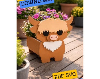 Patroon Highland Cow plantenbak – figuurzaag SVG-pdf – rustieke boerderijdieren houtbewerkingsplannen