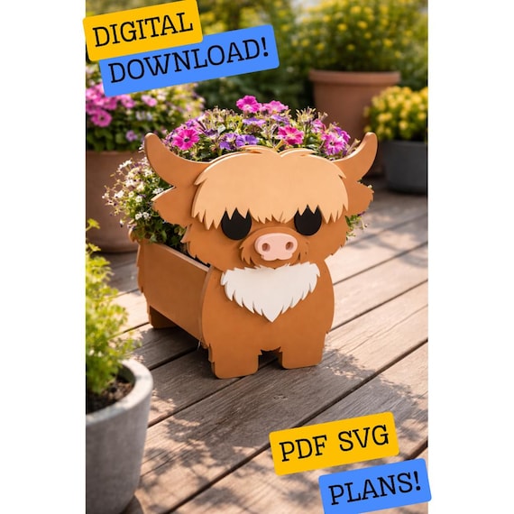 Highland Cow Planter Box Pattern – Scroll Saw SVG PDF – Rustic Farm Animal Woodworking Plans
