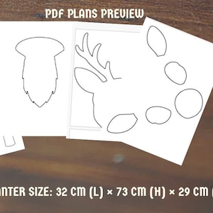 May include: A preview of PDF plans for a planter, featuring outlines of deer and other shapes. The text "PDF PLANS PREVIEW" is at the top. The planter size is 32 cm (L) x 73 cm (H) x 29 cm (W).