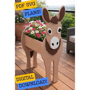 May include: A whimsical donkey-shaped planter made of light brown wood, filled with vibrant pink and white flowers. The planter has large, cartoonish eyes and ears. Text on the image reads "PDF SVG PLANS!" and "DIGITAL DOWNLOAD!"