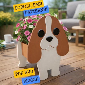May include: A wooden dog-shaped planter filled with pink and white flowers. The planter is painted brown, white, and tan. Text on the image reads "SCROLL SAW PATTERNS!" and "PDF SVG PLANS!"
