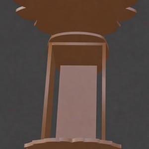 Op de afbeelding: Een bruine houten decoratieve standaard met een rechthoekig midden en sierlijke boven- en onderontwerpen. De bovenkant heeft een vleugelachtige vorm en de onderkant een bloemmotief. De standaard is lichtbruin.