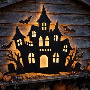 Puede incluir: Un recorte de madera negra de una casa encantada con múltiples torres puntiagudas y ventanas arqueadas, iluminado desde atrás con un brillo cálido. El diseño presenta siluetas de tres murciélagos voladores y árboles desnudos a los lados.