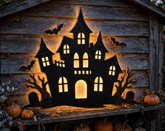 May include: A black wooden cutout of a haunted house with multiple pointed towers and arched windows, illuminated from behind with a warm glow. The design features silhouettes of three flying bats and bare trees on the sides of the structure.