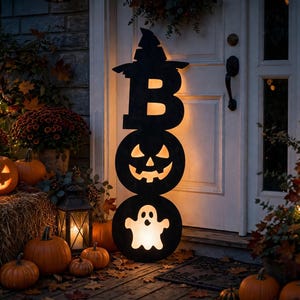 May include: A tall, vertical black wooden sign featuring the word BOO, where the letter B is topped with a witch hat, the letter O is a cutout jack-o'-lantern, and the final O is a cutout ghost, all illuminated from behind with a warm glow.