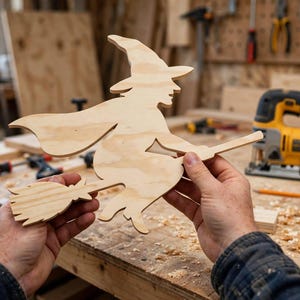 May include: A light-colored, flat wooden cutout in the shape of a witch wearing a pointed hat and a flowing cape, riding a broomstick. The silhouette features a profile view of the witch with a broom handle extending forward and bristles at the back.