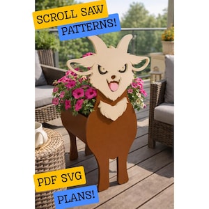 May include: A wooden goat-shaped planter filled with pink flowers. The planter is brown with a light tan face and horns. Text on the image reads "SCROLL SAW PATTERNS!" and "PDF SVG PLANS!"