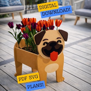 Pug Dog Planter SVG, Layered Wood Template, Scroll Saw Pattern (Digital Download)