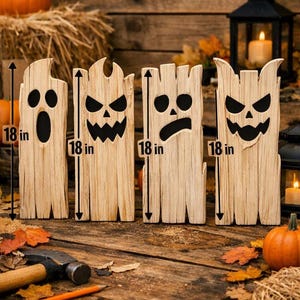 May include: Four vertical wooden boards shaped like ghosts and monsters, each featuring a black painted face with unique expressions. Each board is marked with a vertical arrow and the text 18 in, indicating a height of 18 inches for each piece.