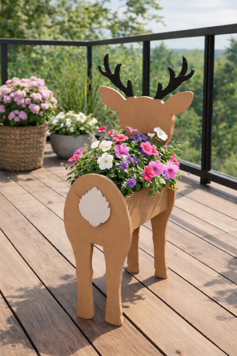 May include: A decorative deer-shaped planter made of light brown wood, filled with colorful flowers. The planter has black antlers and a white tail detail. The flowers include pink, purple, and white blooms, creating a vibrant display.