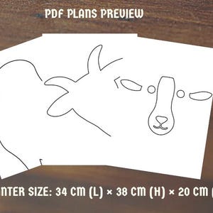 Pode incluir: Papel branco com um contorno preto da cabe&ccedil;a e do corpo de uma cabra, rotulado como "PDF PLANS PREVIEW". O tamanho da floreira &eacute; de 34 cm (C) x 38 cm (A) x 20 cm (L).