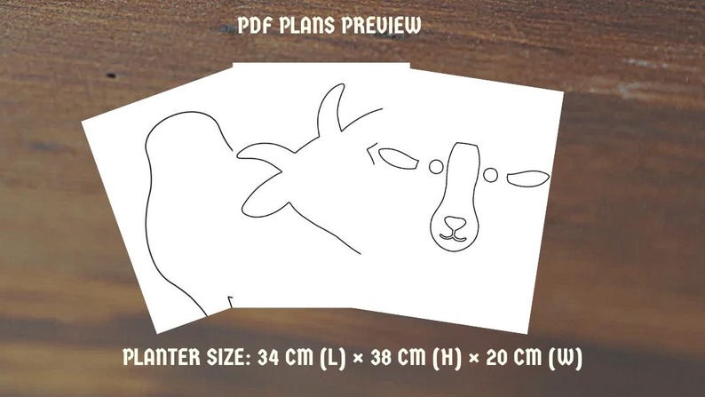 Pode incluir: Papel branco com um contorno preto da cabe&ccedil;a e do corpo de uma cabra, rotulado como "PDF PLANS PREVIEW". O tamanho da floreira &eacute; de 34 cm (C) x 38 cm (A) x 20 cm (L).