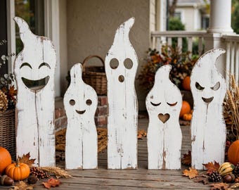 May include: Five white wooden ghost cutouts with distressed paint finishes, each featuring unique facial expressions including smiling, surprised, and heart-shaped mouths, arranged in a row as decorative standing Halloween figures.