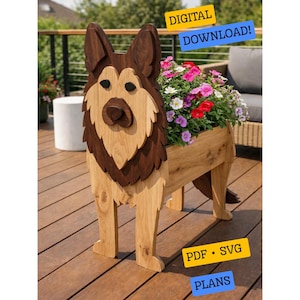 May include: A wooden planter shaped like a German Shepherd dog, featuring dark and light brown wood tones. The planter holds a variety of pink, white, and red flowers. Text on the image reads: DIGITAL DOWNLOAD! PDF • SVG PLANS.