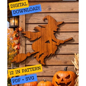 May include: A brown wooden cutout of a witch flying on a broomstick. The image includes text that reads DIGITAL DOWNLOAD!, 12 IN PATTERN, and PDF • SVG. The witch silhouette features a pointed hat, flowing hair, and a broom with a bristled end.