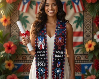 Gepersonaliseerde Puerto Ricaanse vlag afstuderen sjerp, klasse van 2026 stal, aangepast diplomacadeau